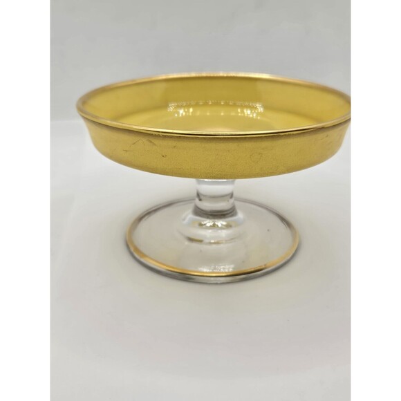 Yellow Depression Glass Pedestal Cheese Compote 4.75" Gold Edging Candy/Nut Dish - Picture 9 of 16